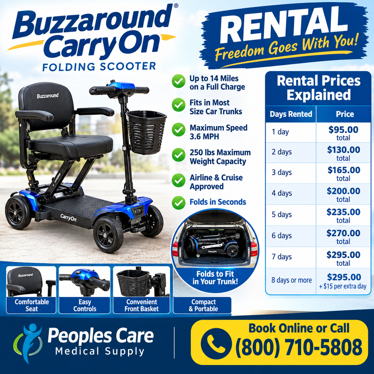 Buzzaround CarryOn Scooter Rental with pricing details and features for convenient mobility and travel.