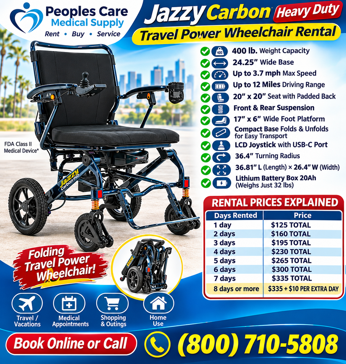 Jazzy Carbon Heavy Duty Travel Power Wheelchair Rental features a 400-lb capacity, ultra-light design, and convenient folding for travel.