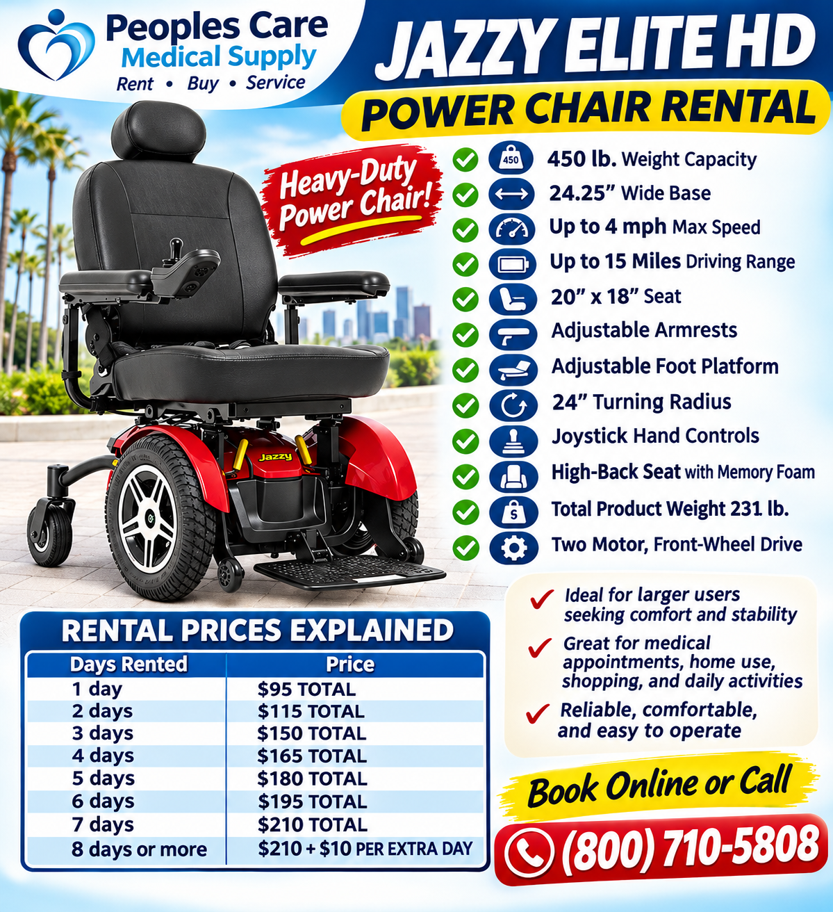 Jazzy Elite HD Power Chair Rental with heavy-duty design and features for reliable mobility solutions.