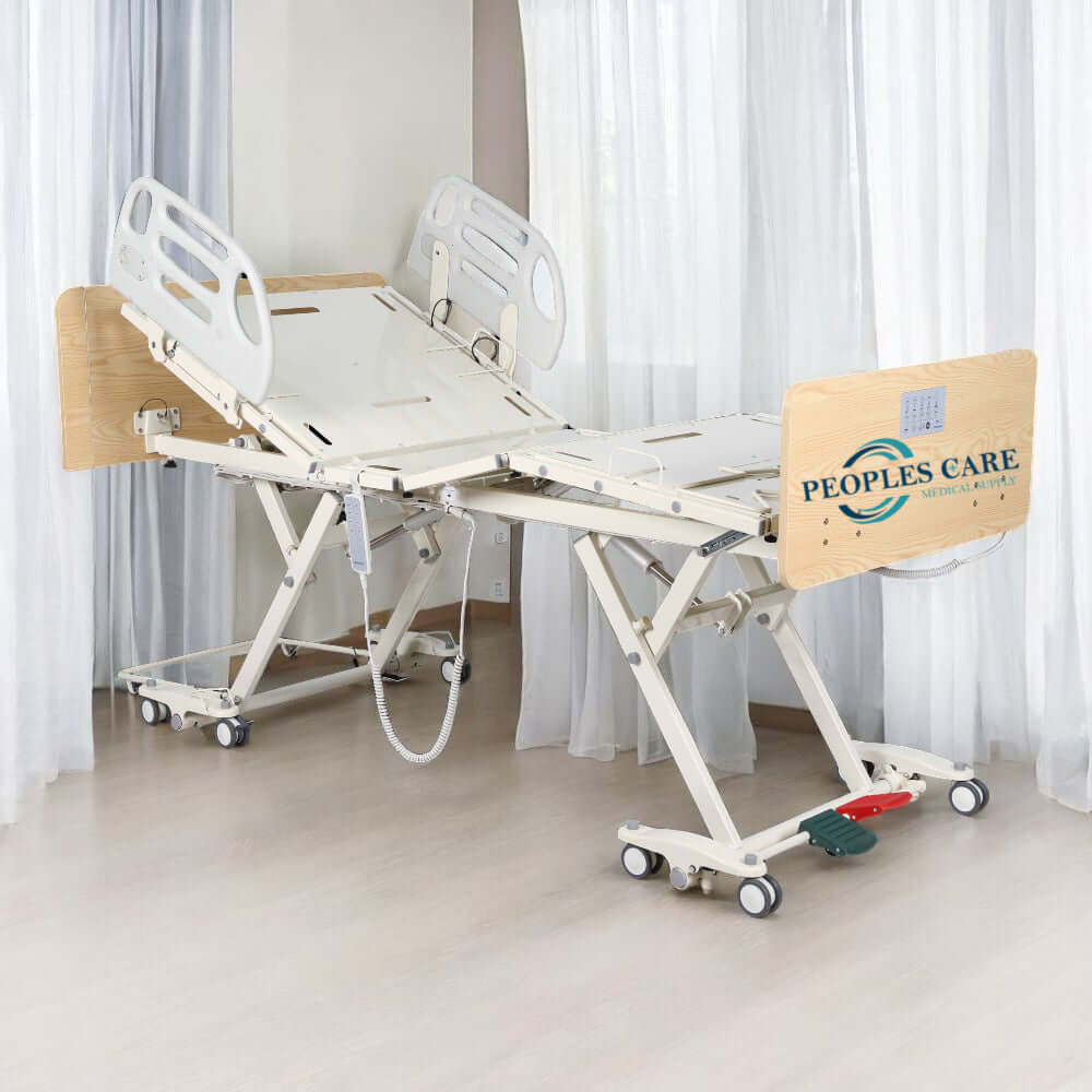 Premium hospital bed rental – adjustable bed with wooden side rails in a bright room.