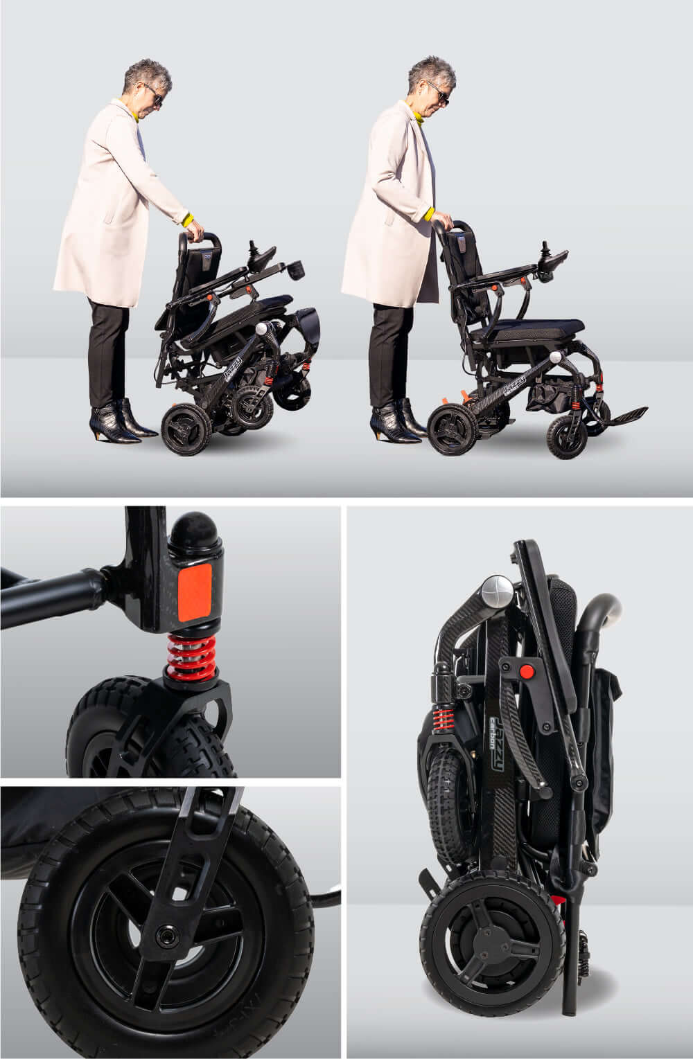 Folding Electric Wheelchair Rental - Pride Jazzy Carbon showcasing lightweight, quick-fold design for easy travel.