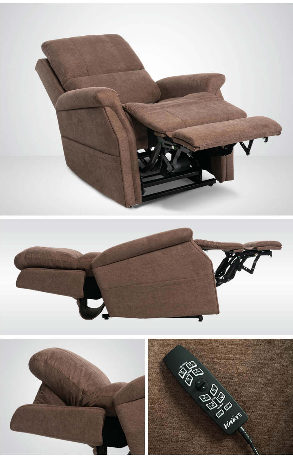 Metro Lift Chair Rental - Comfortable brown recliner chair with remote control and multiple reclining positions.