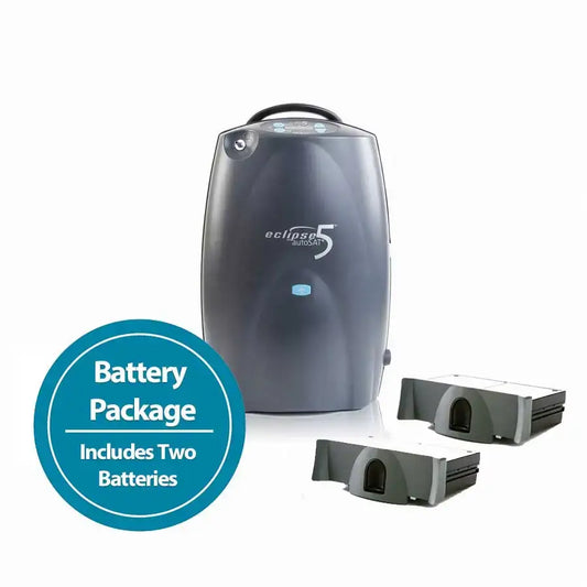 SeQual Eclipse 5 oxygen concentrator with two battery package for portable oxygen therapy.