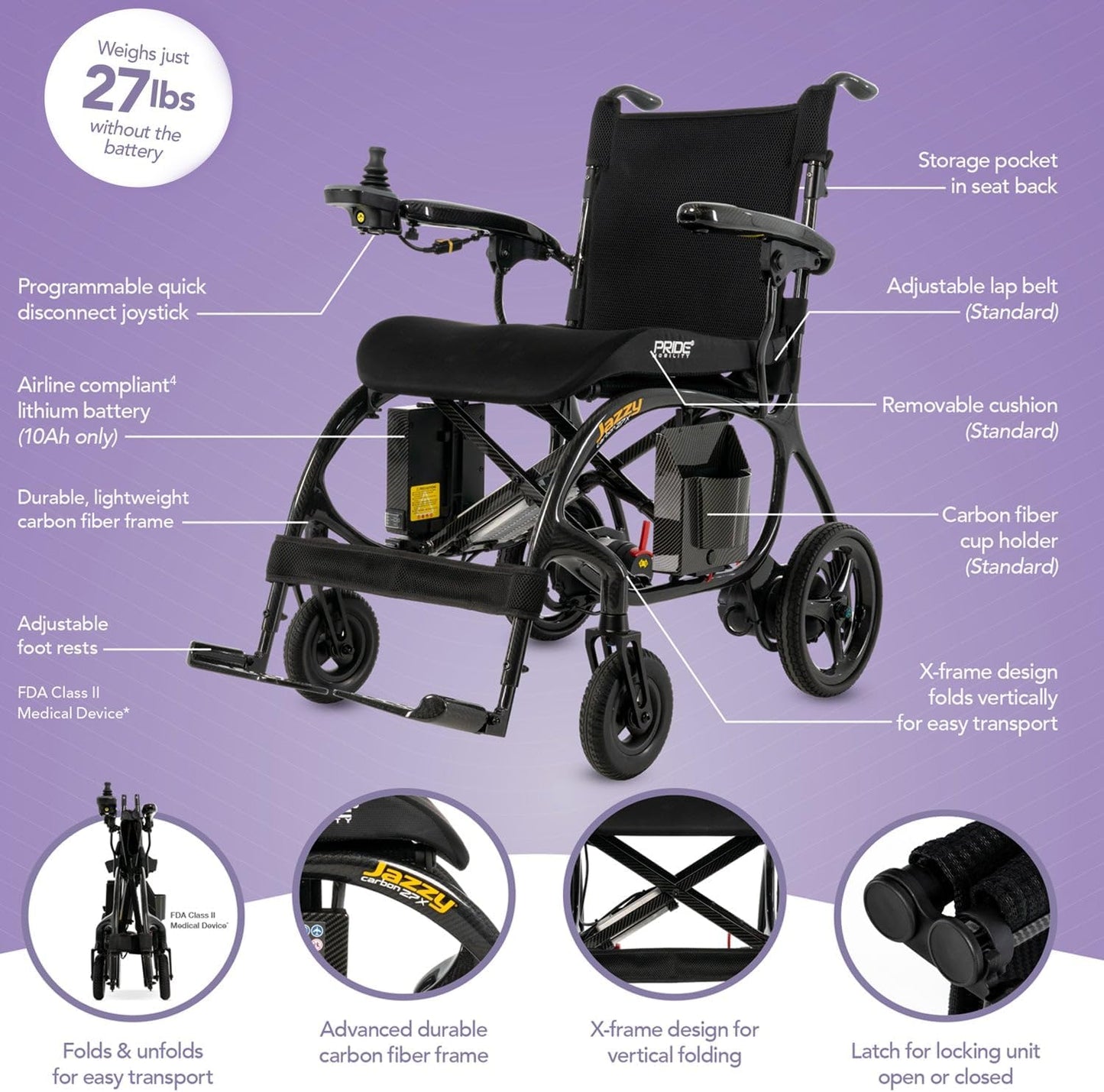 Ultralight Power Chair Rental - Jazzy Carbon 27X, featuring lightweight design and multiple adjustable features for mobility.