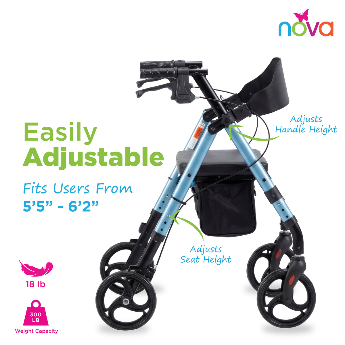 Nova Vega Rollator Walker - Easily adjustable, lightweight walker for users 5'5" - 6'2" with 18 lb weight.
