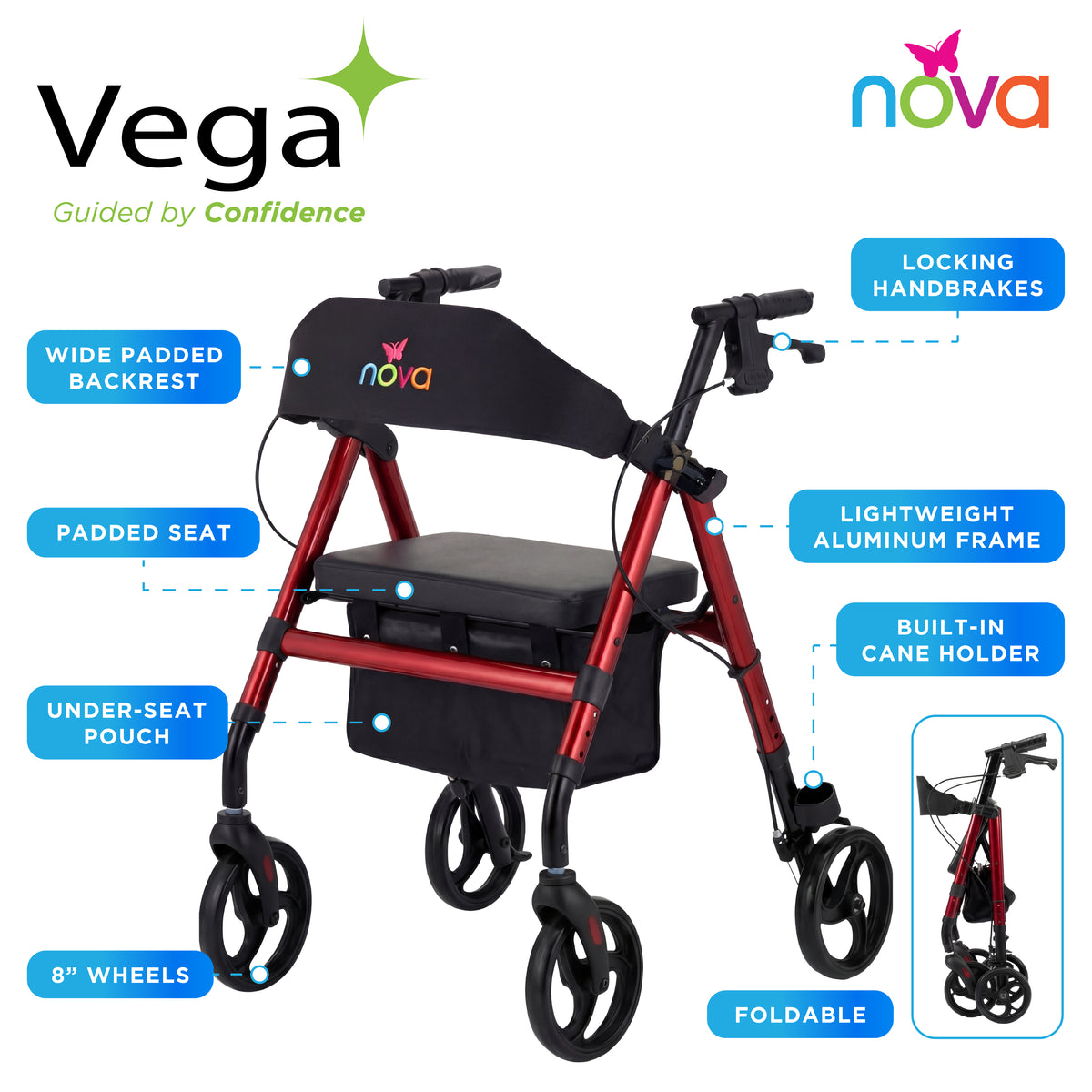 Nova Vega Rollator Walker featuring a lightweight aluminum frame, padded seat, locking handbrakes, and foldable design.