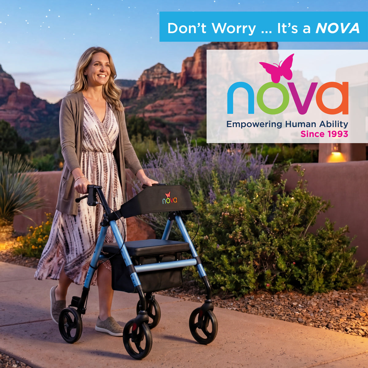 Woman using the Nova Vega Rollator Walker in a scenic outdoor setting at sunset, promoting mobility and comfort.