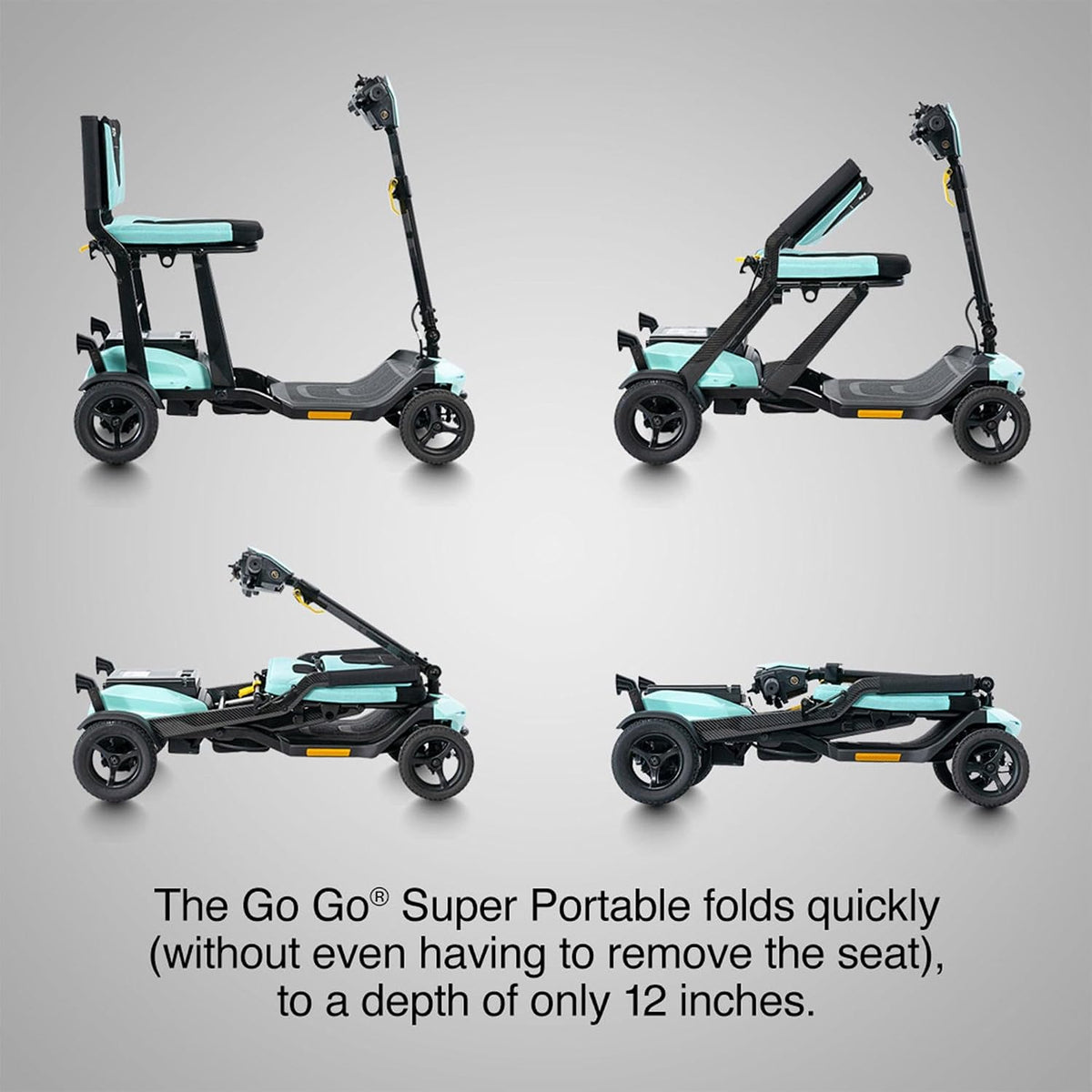Pride Mobility Go-Go Super Portable Scooter displaying its quick folding capability to just 12 inches.