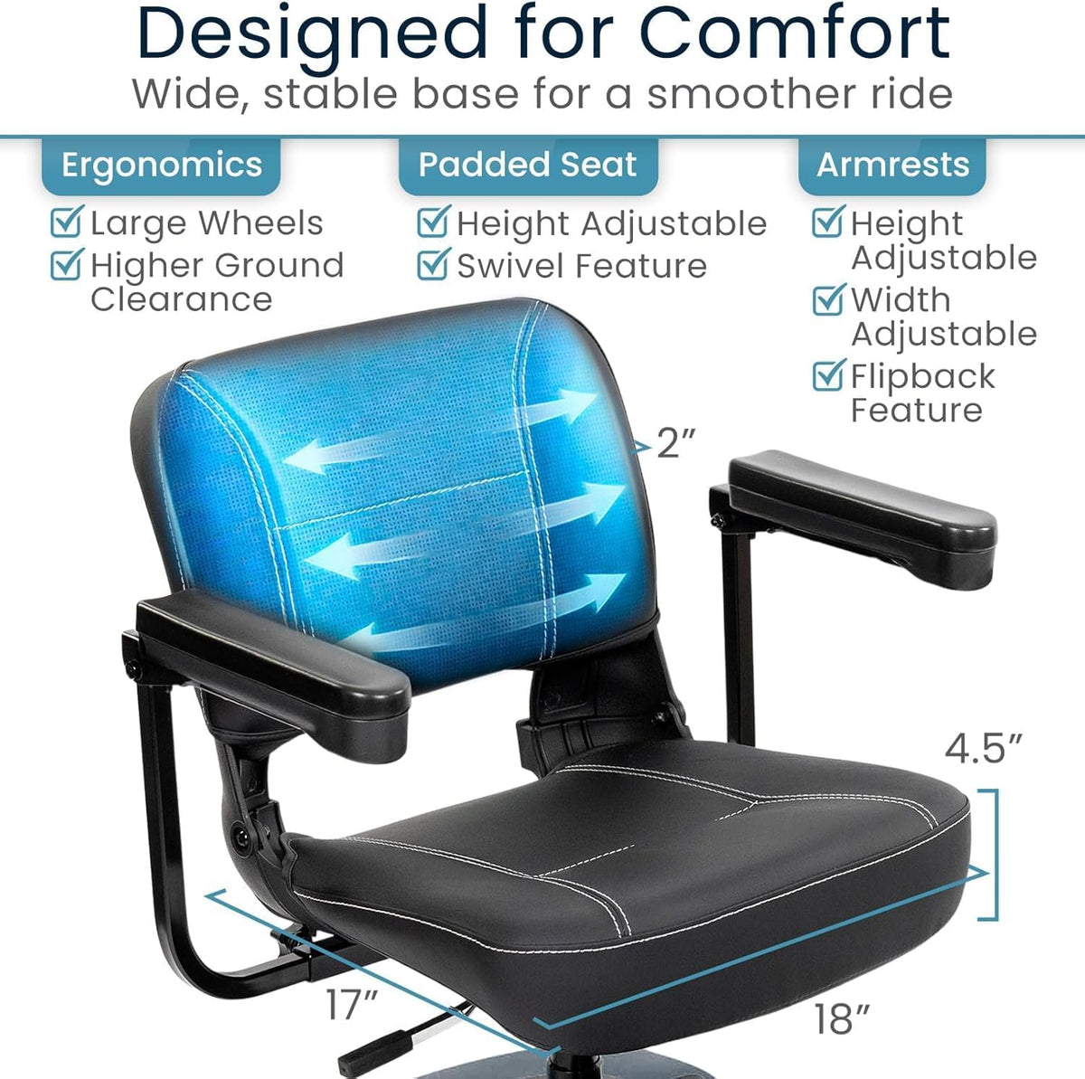 Vive King Neptune 4-Wheel Mobility Scooter seat design features including padded seat and adjustable armrests.