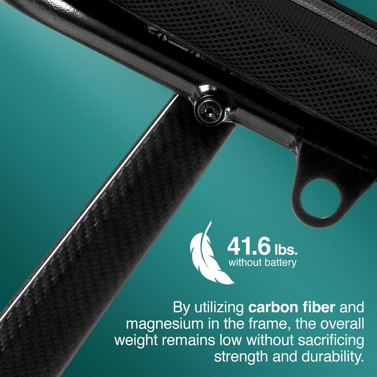 Pride Mobility Go-Go Super Portable Scooter frame showcasing lightweight carbon fiber construction and weight information.
