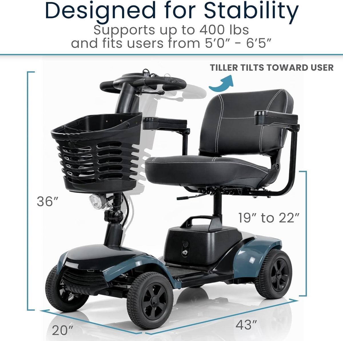 Vive King Neptune 4-Wheel Mobility Scooter features designed for stability, supporting up to 400 lbs with adjustable tiller.