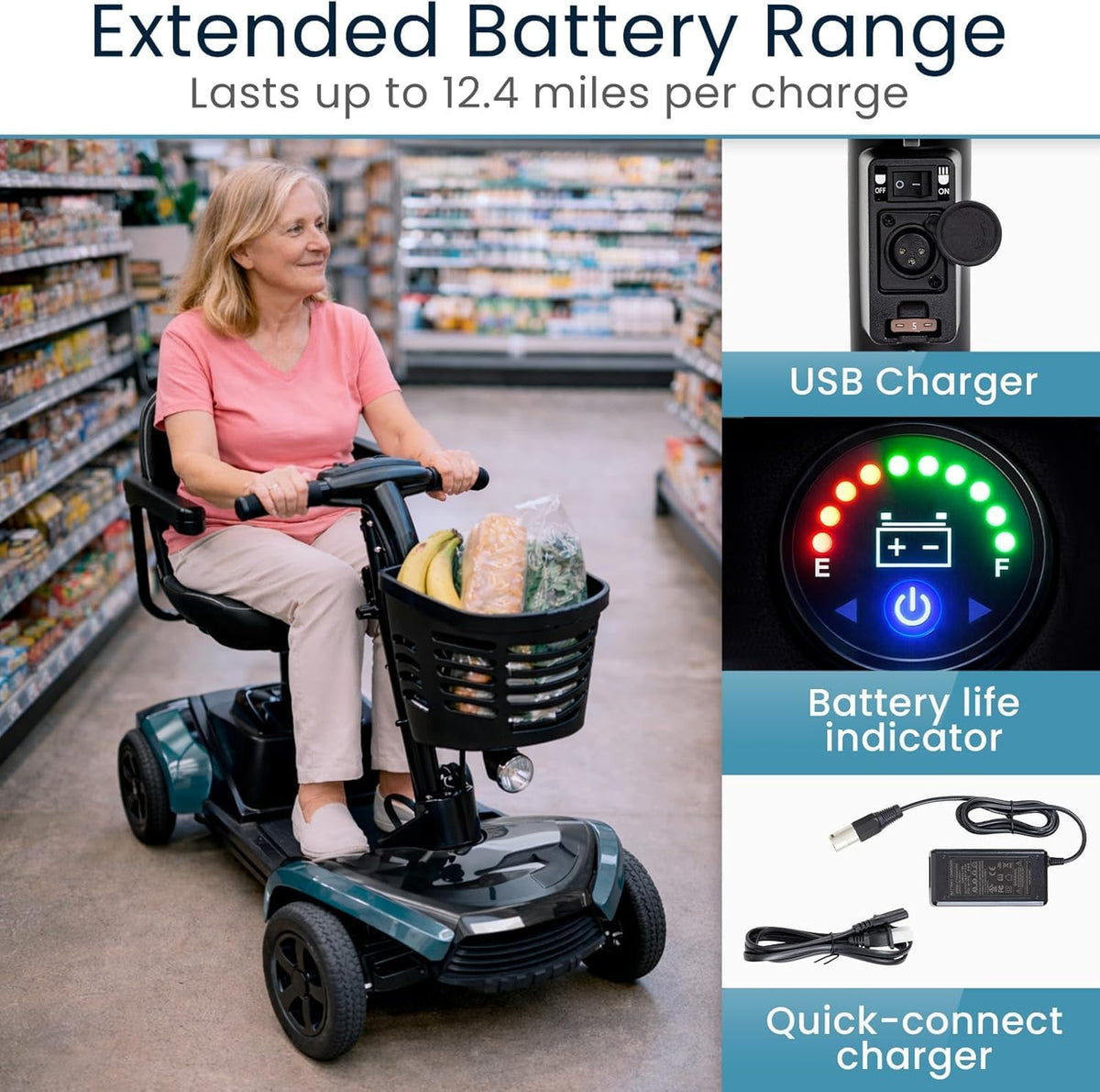 Vive King Neptune 4-Wheel Mobility Scooter with extended battery range and USB charger in store.