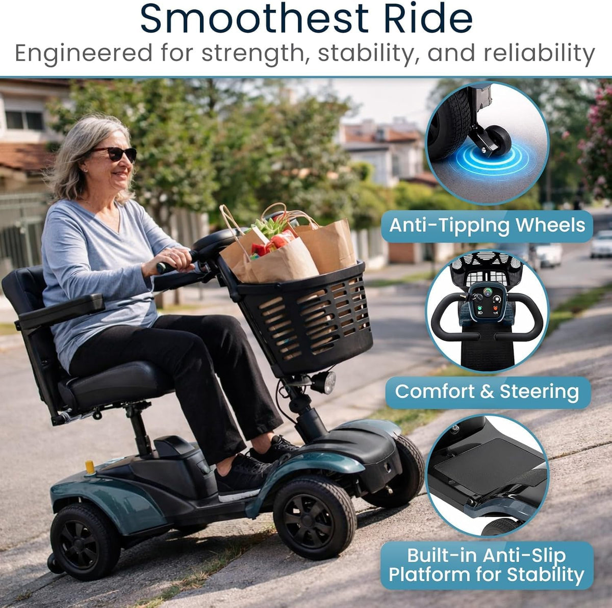 Vive King Neptune 4-Wheel Mobility Scooter with anti-tipping wheels, comfort features, and anti-slip platform for stability.