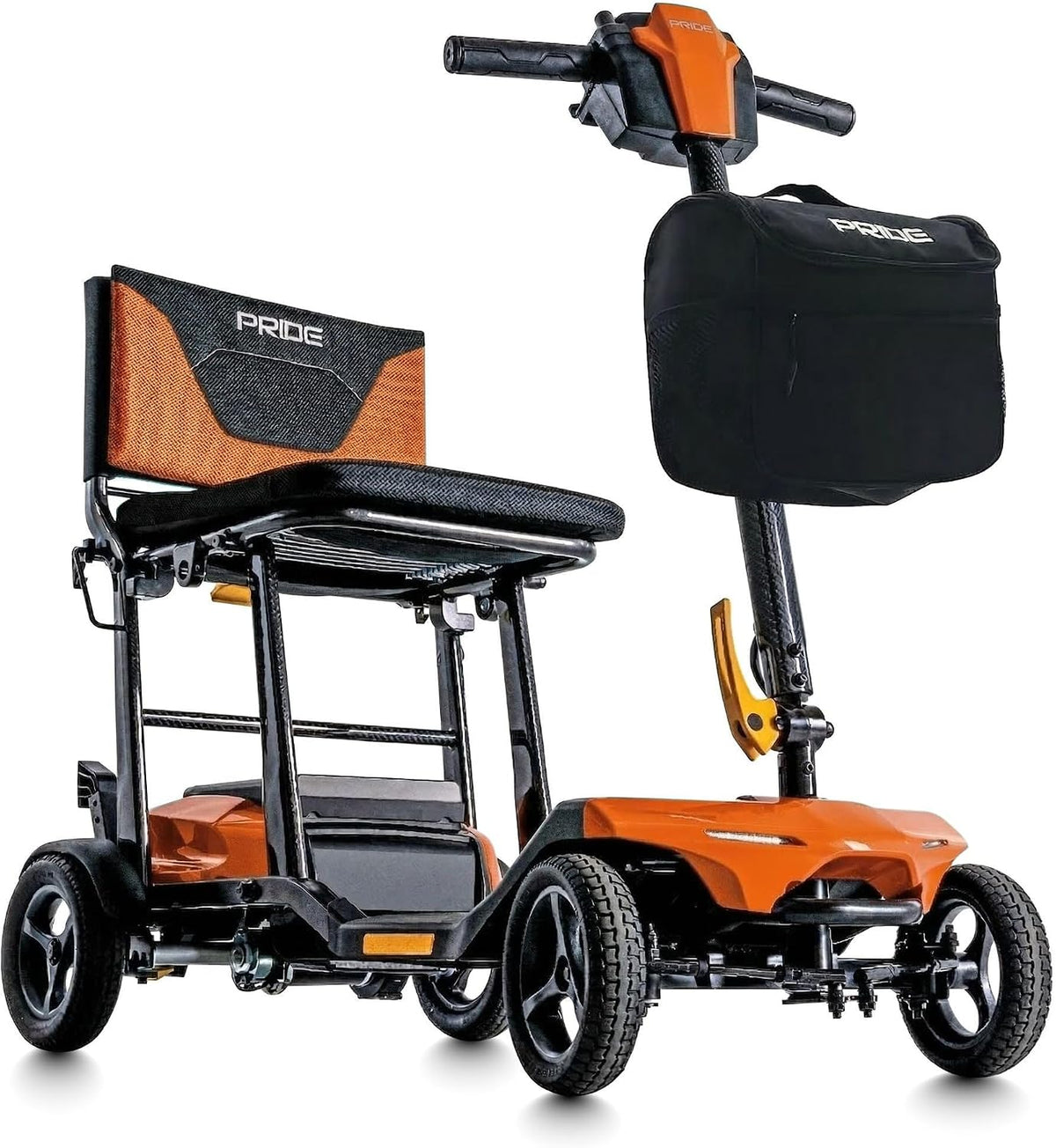 Pride Mobility Go-Go Super Portable Scooter with a lightweight design in orange and black.