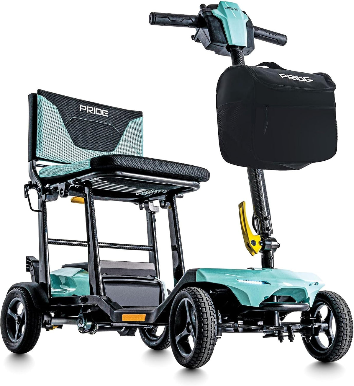 Pride Mobility Go-Go Super Portable Scooter with foldable design and storage bag for easy transport.