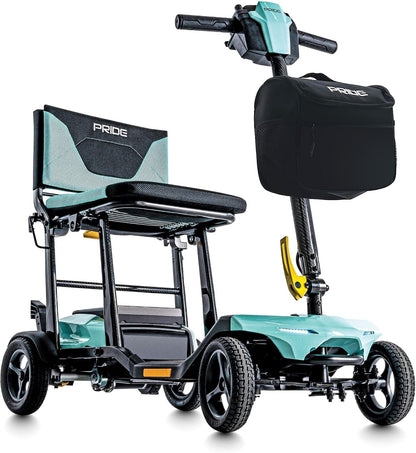 Pride Mobility Go-Go Super Portable Scooter with foldable design and storage bag for easy transport.