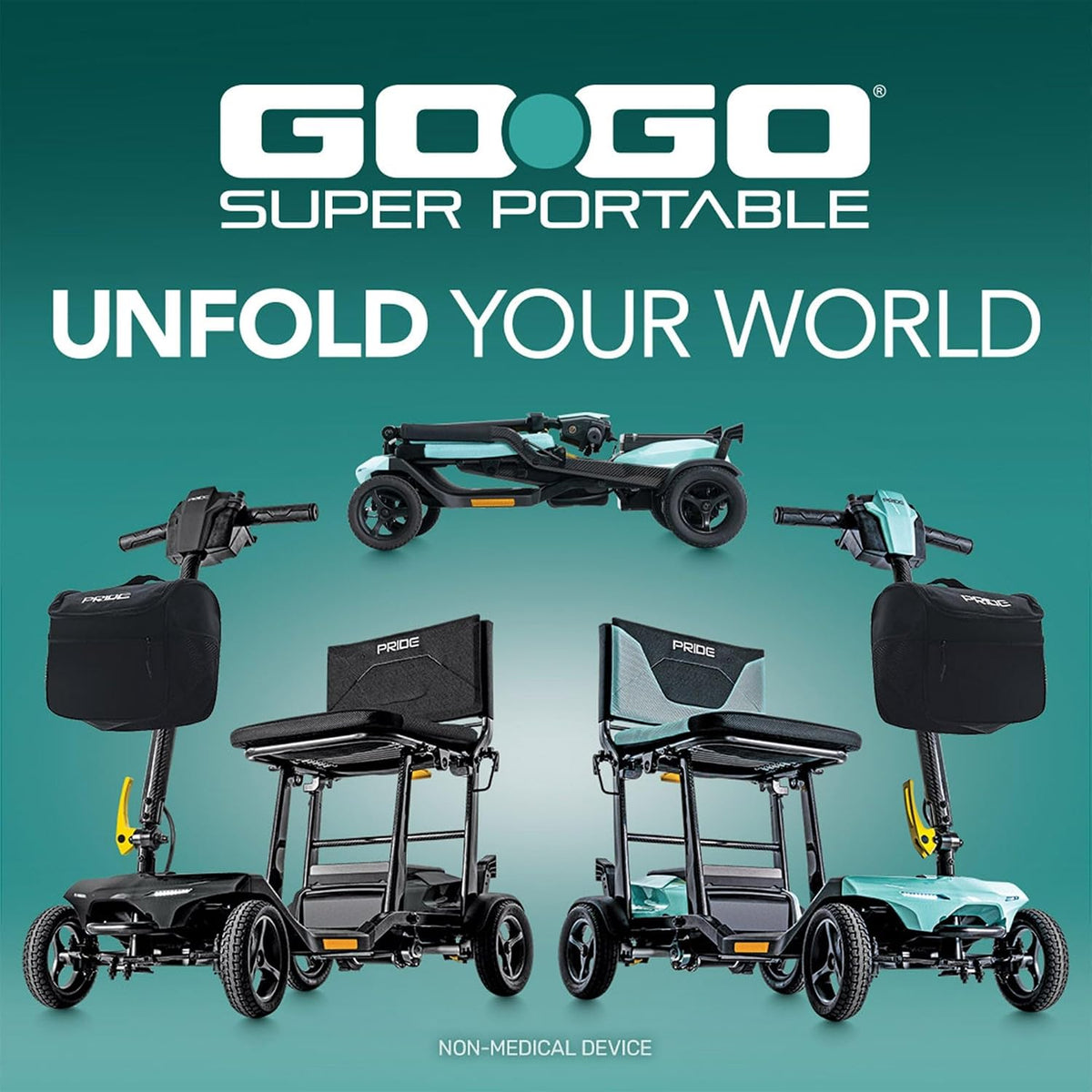 Pride Mobility Go-Go Super Portable Scooter showcasing its foldable design and mobility features, encouraging independence.