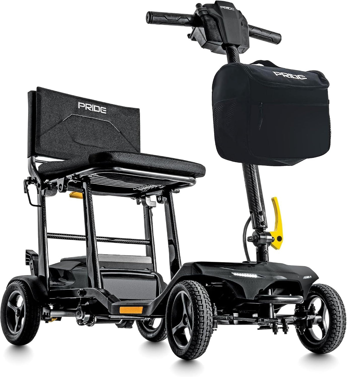 Pride Mobility Go-Go Super Portable Scooter featuring a lightweight design and adjustable handlebar for easy transportation.