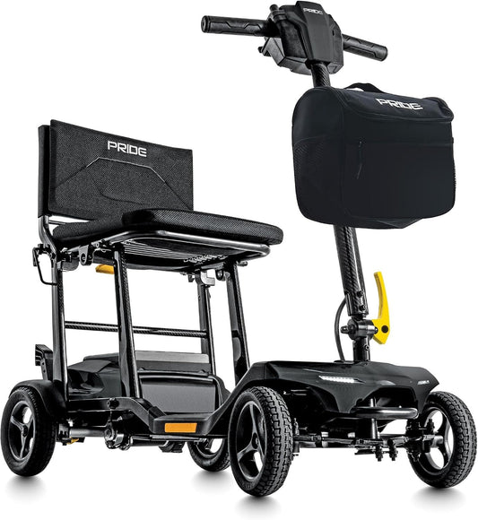 Pride Mobility Go-Go Super Portable Scooter featuring a lightweight design and adjustable handlebar for easy transportation.