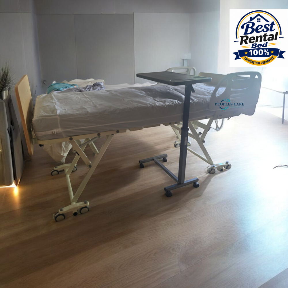 Medical Bed Rental - Hi-low profile electric hospital bed with adjustable height and side table.