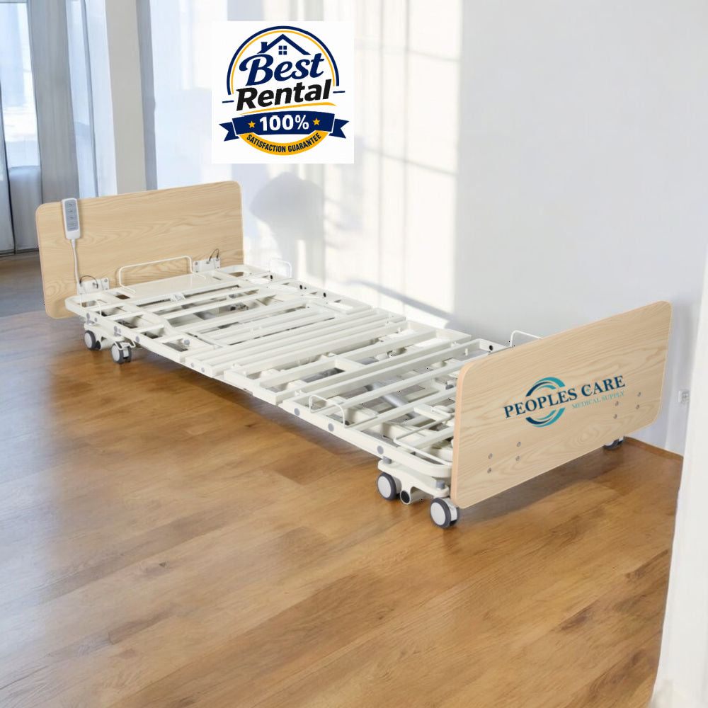 Medical Bed Rental - hi-low profile fully-electric hospital bed with wooden ends in a home care setting.