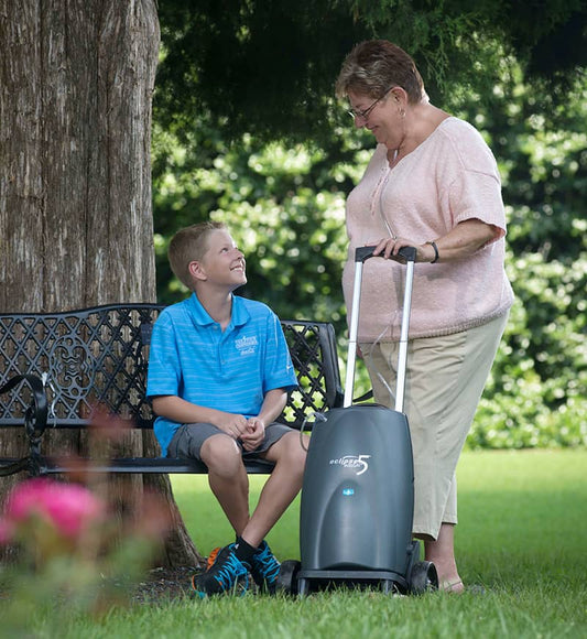 Eclipse 5 oxygen concentrator rental being used outdoors by a woman and a child, highlighting transportability and ease of use.