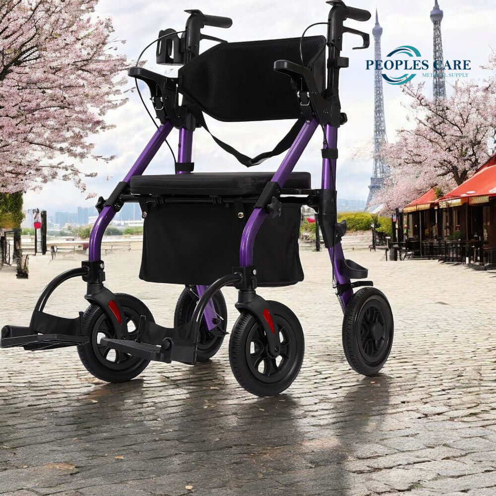 Duet Rollator Rental - Transport Chair Combo with 10 inch wheels, providing stability and mobility for users.