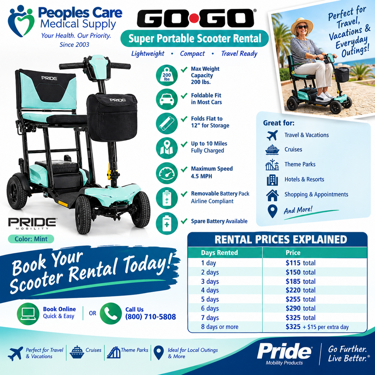 Pride GO GO Super Portable Scooter Rental features ultra-lightweight design, perfect for travel and vacations.