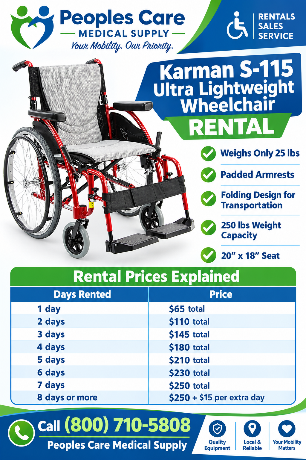 Karman S-115 Ultra Lightweight Wheelchair Rental with ergonomic design and rental pricing details.
