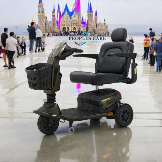 "Extra heavy duty mobility scooter with high-back captain's seat for rent, featuring a modern design and 500 lbs weight capacity."