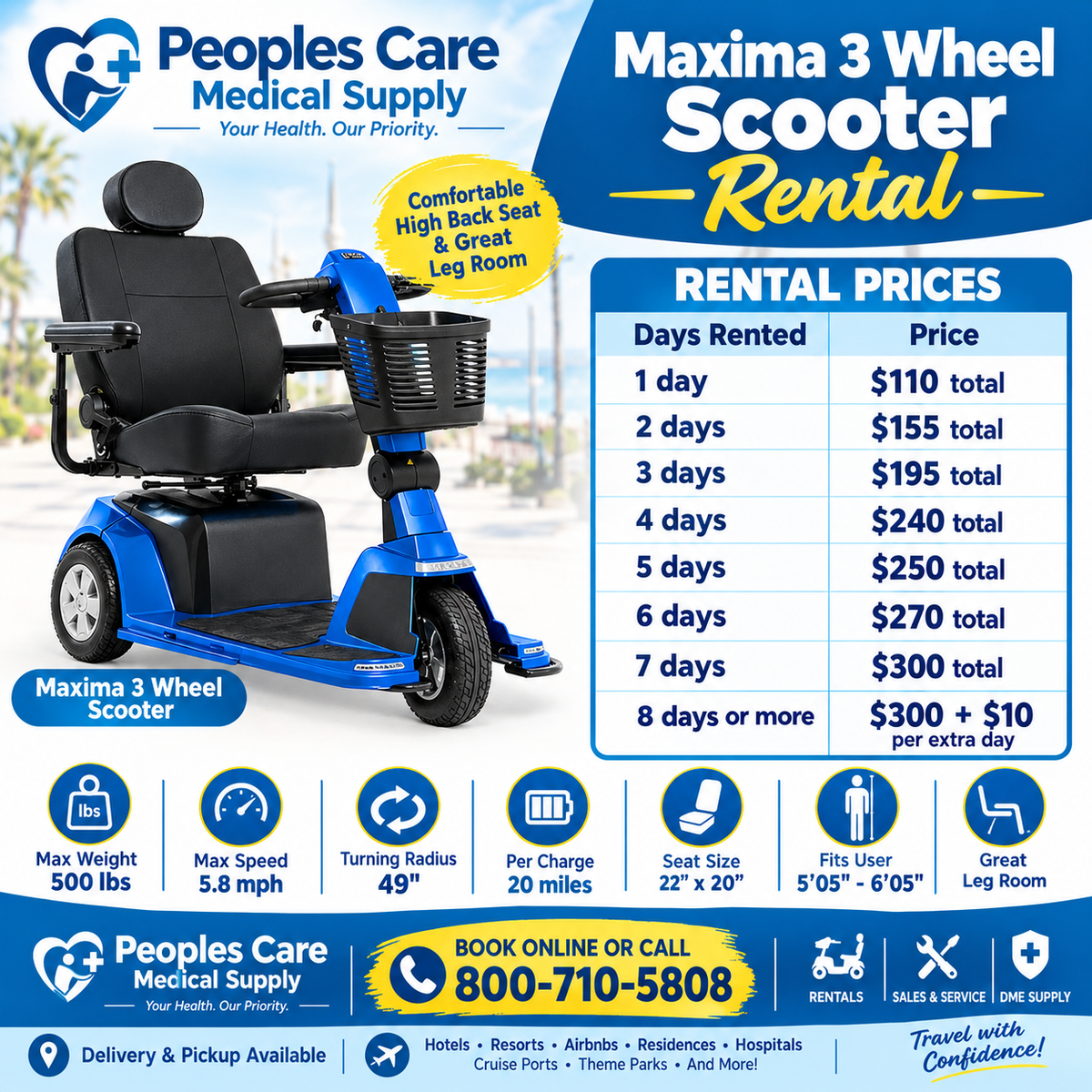 Heavy Duty XL Scooter Rental - Maxima 3 Wheel Scooter with high back seat and spacious leg room.