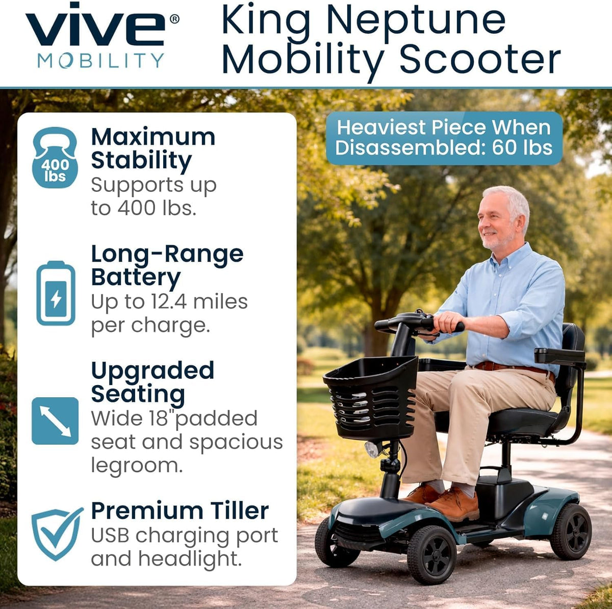 Vive King Neptune 4-Wheel Mobility Scooter with features like maximum stability and long-range battery.