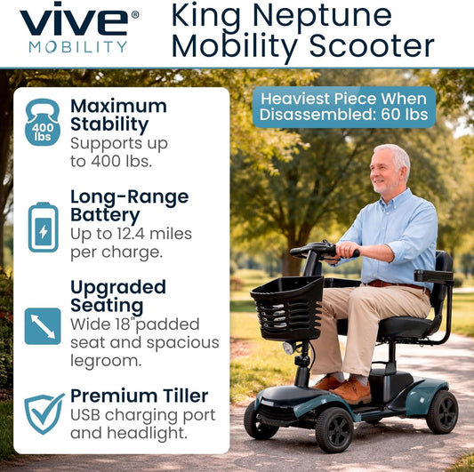 Vive King Neptune 4-Wheel Mobility Scooter with features like maximum stability and long-range battery.