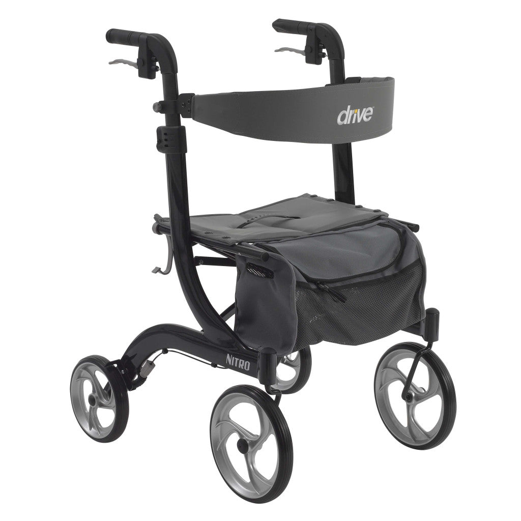 Drive Medical RTL10266 Nitro Euro-Style 4-Wheel Rollator with seat and storage bag, lightweight and foldable design.