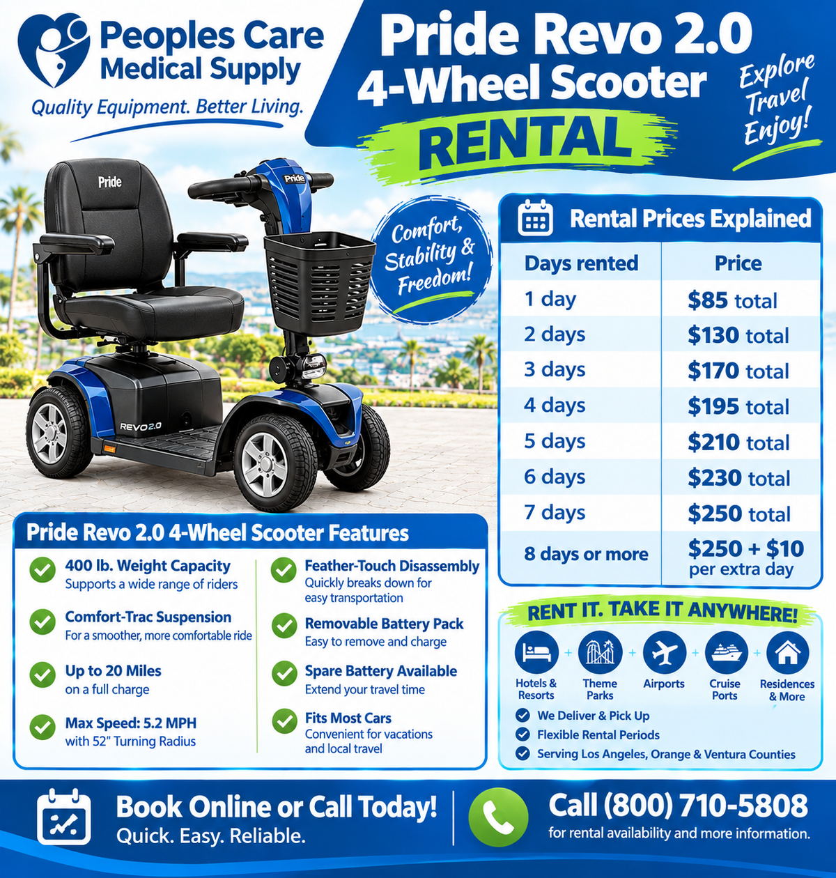 Pride Revo 2.0 4-wheel scooter rental - comfortable and convenient mobility solution for seniors and those with disabilities.