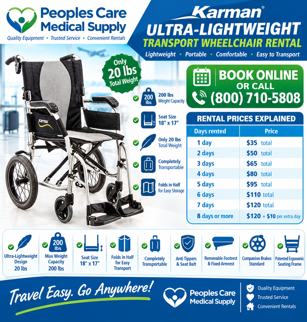Karman Ultra Lightweight Transport Wheelchair Rental with features and pricing details for ease of mobility.