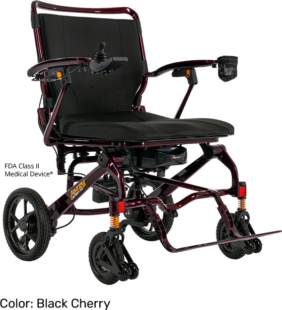 Jazzy Carbon Heavy Duty Travel Power Wheelchair Rental in Black Cherry color, FDA Class II Medical Device.