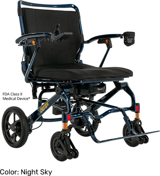Jazzy Carbon Heavy Duty Travel Power Wheelchair Rental in Night Sky color with FDA Class II Medical Device certification.