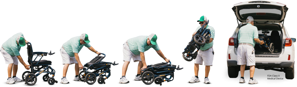 Person demonstrating how to fold the Jazzy Carbon Heavy Duty Travel Power Wheelchair Rental for easy transport in a vehicle.
