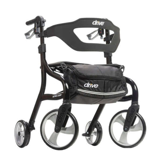 Drive Nitro Sprint Rollator with black backstrap and storage bag, designed for enhanced mobility and comfort.